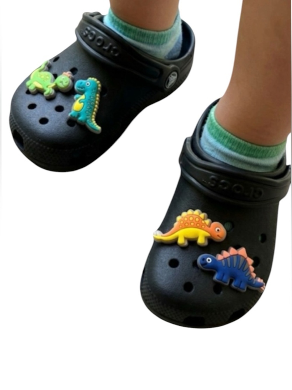 Crocs Classic Clogs Kids Size 5 Black with New Dinosaur Jibbitz Charms Set